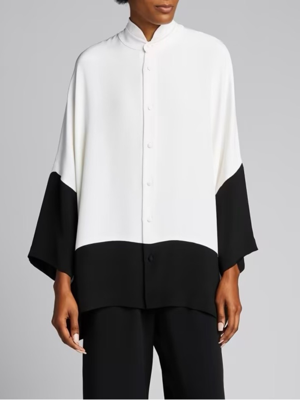 ESKANDAR Stand Collar Silk Ivory Black Colorblock Button-Down Long Chic Blouse 1